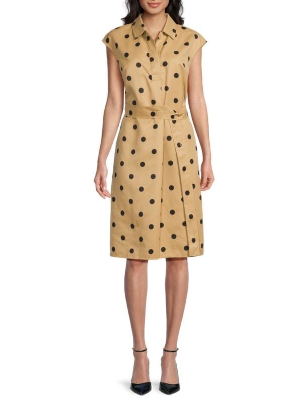 WD.NY Tan Midi Dress with Black Polka Dots Size M